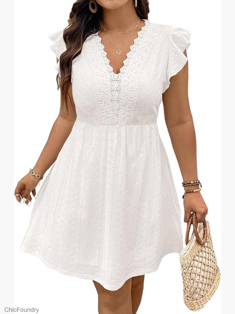 Plus Size Women Summer Ruffle Cap Sleeve Lace V Neck Embroidery Eyelet A Line